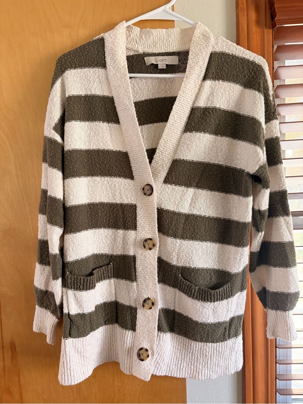 LOFT Olive Green & Cream Striped Button Cardigan
